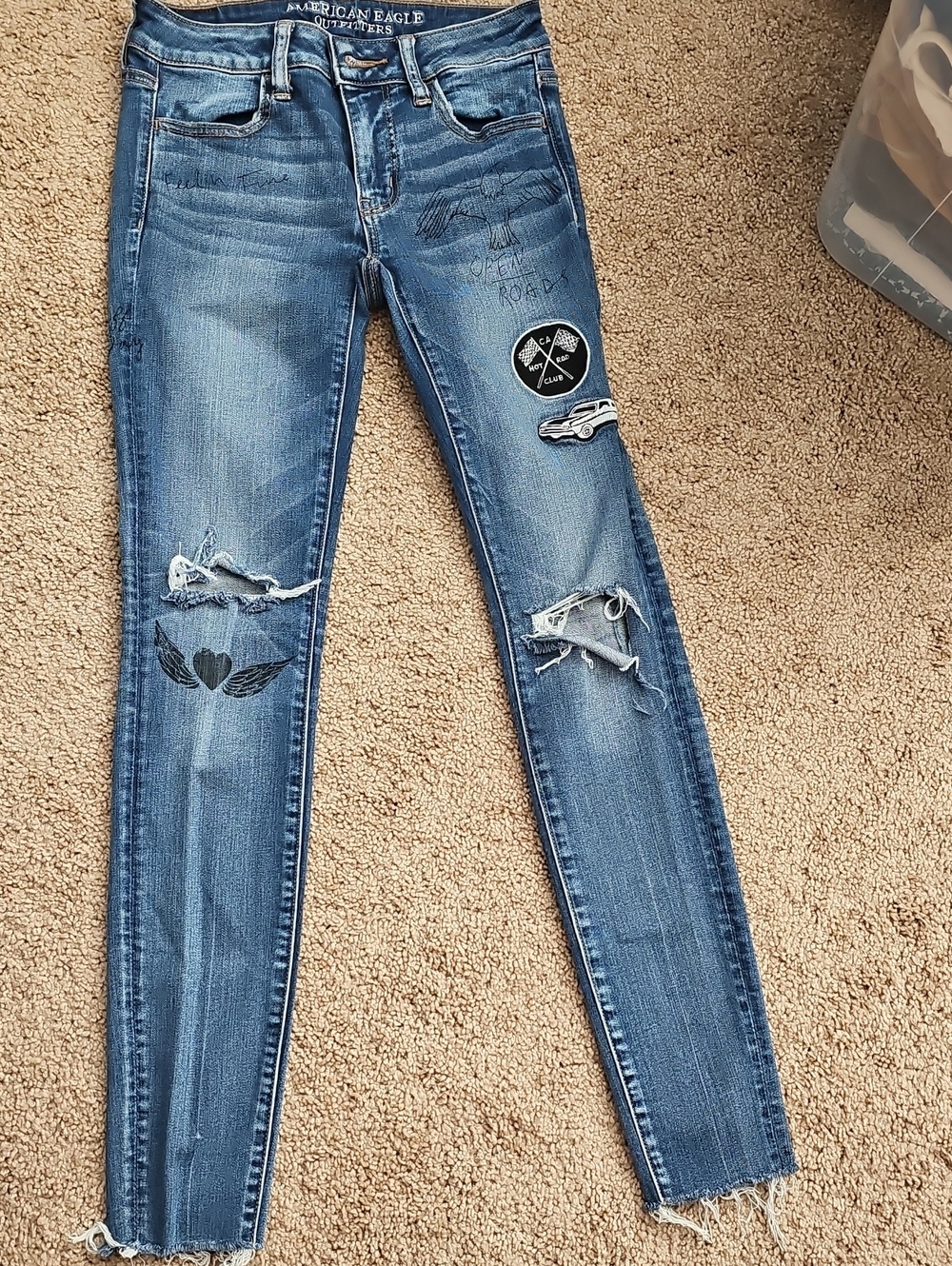 American Eagle Outfitters Blue Skinny Jeans with Distressed & Patch Details